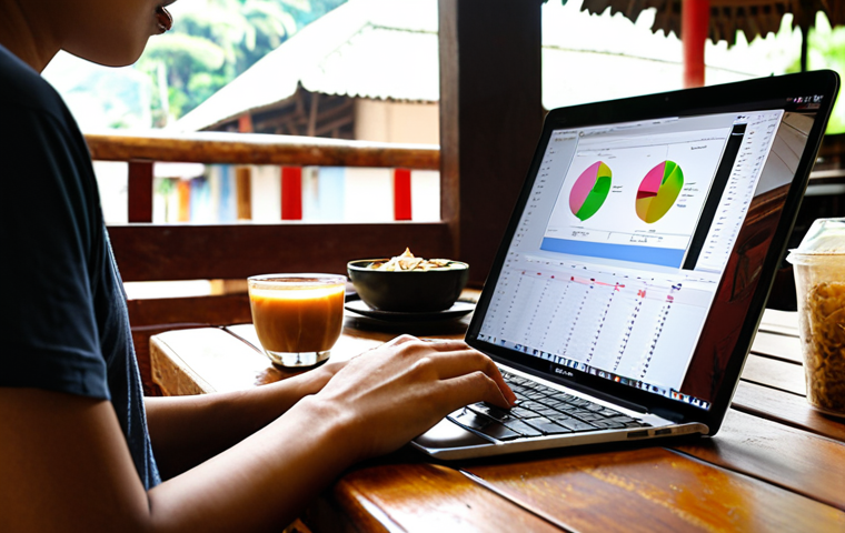 **

A person sitting at a cafe in Southeast Asia (e.g., Vietnam, Thailand) working on a laptop, with a budget planning app or spreadsheet visible on the screen. Focus on a bright, motivated look, showcasing the digital nomad lifestyle but also highlighting the importance of budgeting. Maybe include a local coffee or snack on the table.

**