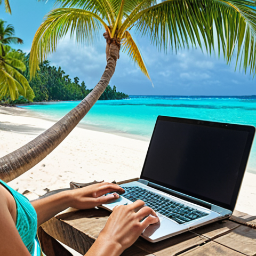 **Image:** A person working on a laptop with a beautiful tropical beach in the background, representing the freedom and flexibility of the digital nomad lifestyle. Palm trees, turquoise water, and a hammock could be included.