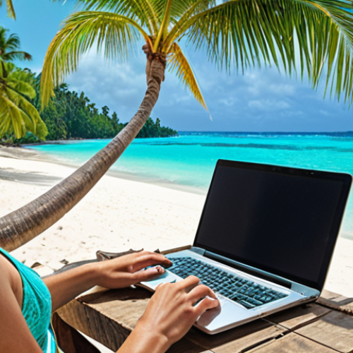 Home 6 **Image:** A person working on a laptop with a beautiful tropical beach in the background, representing the freedom and flexibility of the digital nomad lifestyle. Palm trees, turquoise water, and a hammock could be included.