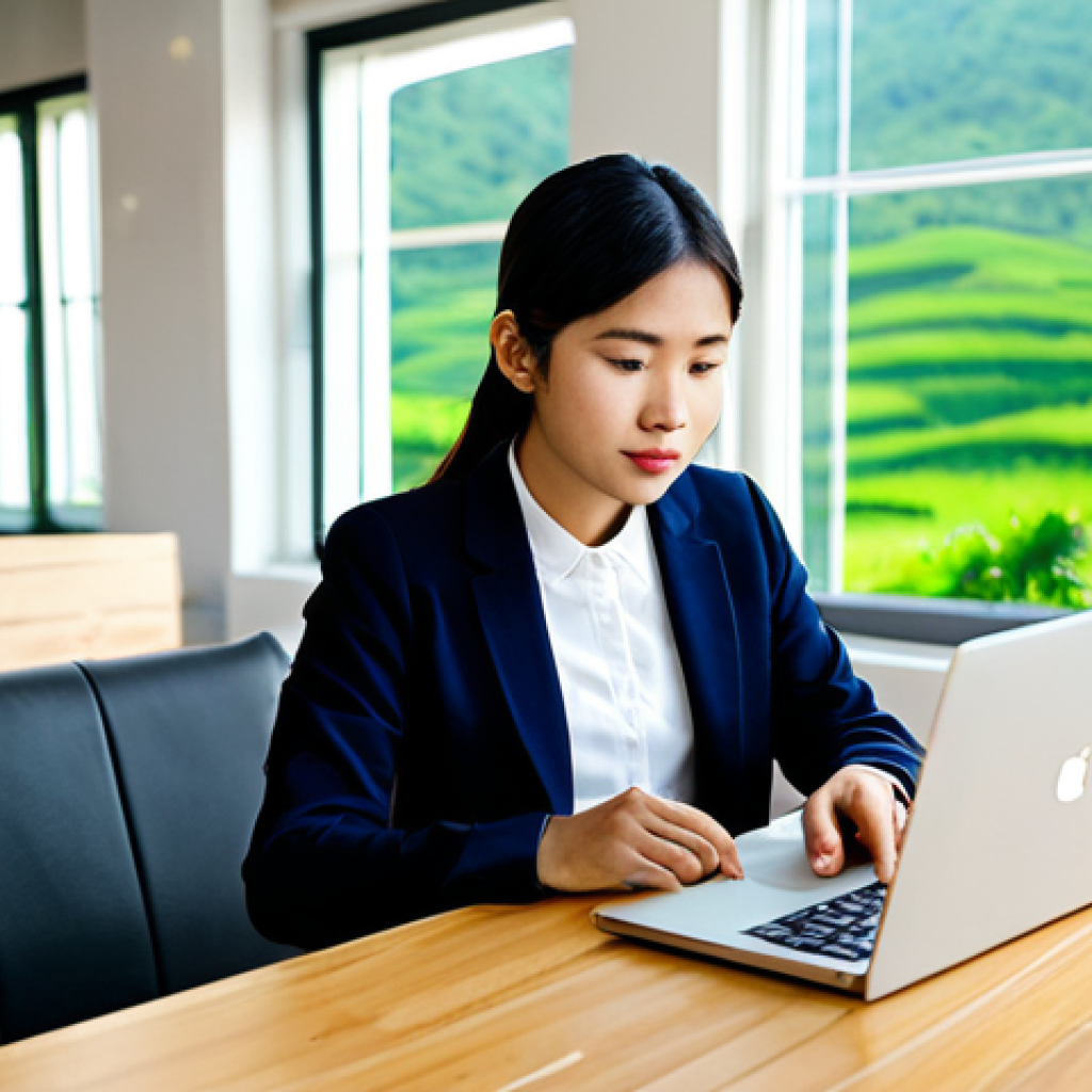 A professional young woman, fully clothed in modest, smart-casual business attire with long sleeves and a conservative neckline. She is sitting comfortably at a clean wooden table in a brightly lit, modern co-working space in Da Lat, Vietnam. She is intensely focused on her laptop, with a neatly organized notebook and pen beside her. The background features large windows overlooking a lush, serene green landscape. Professional photography, crisp focus, vibrant colors, natural lighting, high resolution, safe for work, appropriate content, perfect anatomy, correct proportions, natural pose, well-formed hands, proper finger count, natural body proportions, family-friendly.