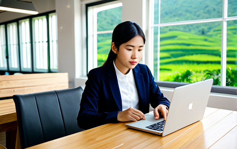 A professional young woman, fully clothed in modest, smart-casual business attire with long sleeves and a conservative neckline. She is sitting comfortably at a clean wooden table in a brightly lit, modern co-working space in Da Lat, Vietnam. She is intensely focused on her laptop, with a neatly organized notebook and pen beside her. The background features large windows overlooking a lush, serene green landscape. Professional photography, crisp focus, vibrant colors, natural lighting, high resolution, safe for work, appropriate content, perfect anatomy, correct proportions, natural pose, well-formed hands, proper finger count, natural body proportions, family-friendly.