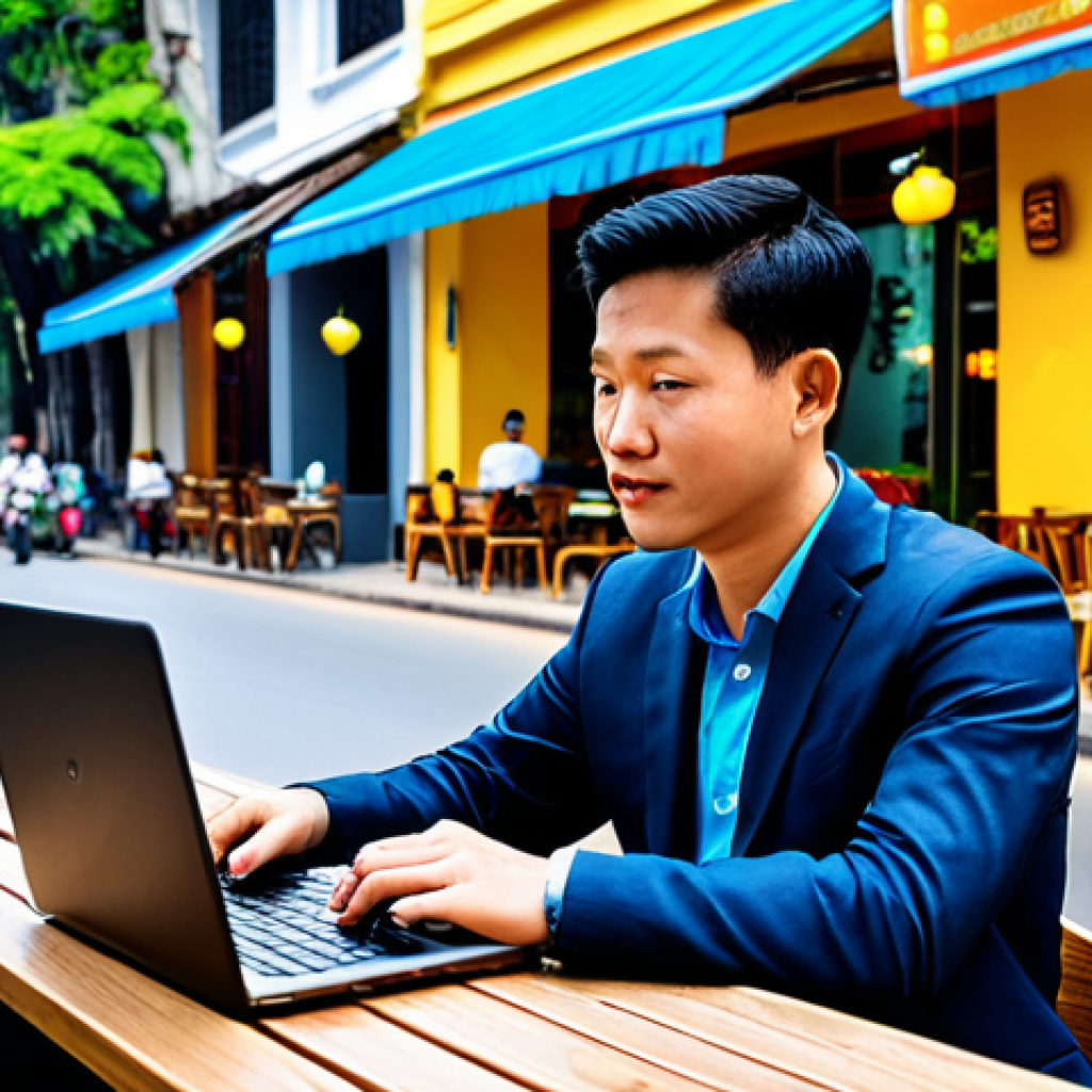 디지털 노마드가 주의해야 할 법적 이슈 - Digital Nomad Working**
"A digital nomad, fully clothed in professional attire, working on a laptop...