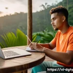 Home 22 디지털 노마드가 떠나는 여행지 TOP 10 - **Prompt:** A young, diverse digital nomad, casually dressed in a comfortable top and linen pants, s...