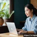 Home 21 디지털 노마드로서의 직업 안정성 분석 - **Prompt:** A young Vietnamese female digital nomad, in her mid-20s, with a warm, focused expression...