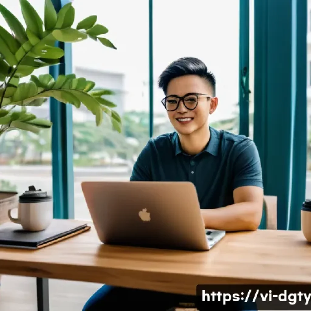 디지털 노마드가 지켜야 할 인터넷 안전 수칙 - A Vietnamese digital nomad working in a modern co-working space in Ho Chi Minh City, using a sleek l...