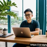 Home 20 디지털 노마드가 지켜야 할 인터넷 안전 수칙 - A Vietnamese digital nomad working in a modern co-working space in Ho Chi Minh City, using a sleek l...
