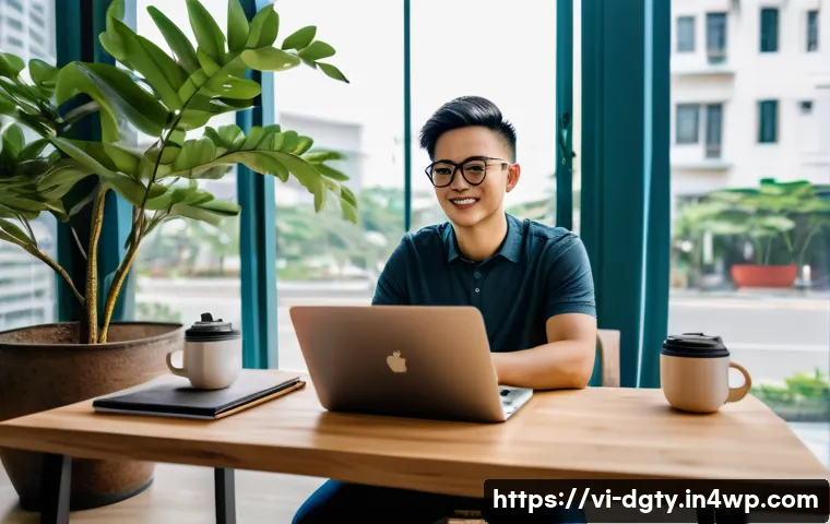 디지털 노마드가 지켜야 할 인터넷 안전 수칙 - A Vietnamese digital nomad working in a modern co-working space in Ho Chi Minh City, using a sleek l...