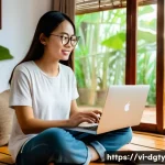 Home 19 디지털 노마드로 일하는 동안의 재정 관리 - A young Vietnamese digital nomad woman sitting cross-legged on a wooden floor inside a cozy Airbnb r...