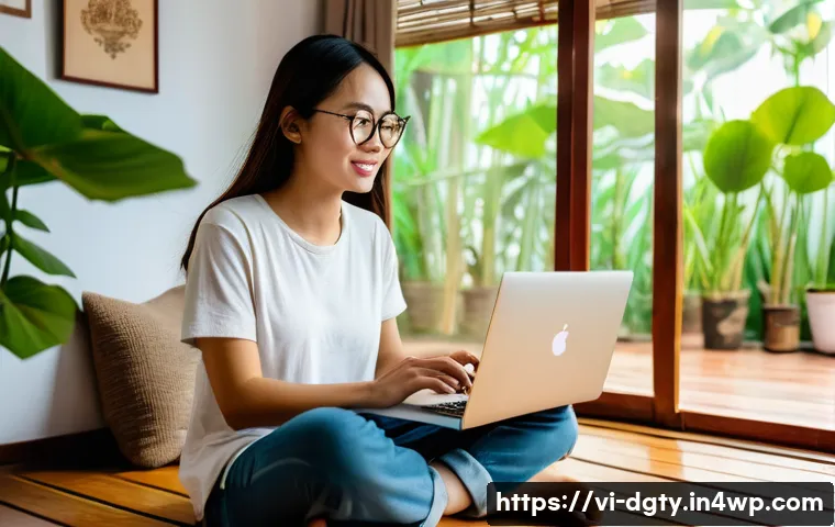 디지털 노마드로 일하는 동안의 재정 관리 - A young Vietnamese digital nomad woman sitting cross-legged on a wooden floor inside a cozy Airbnb r...