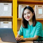 Home 23 온라인에서 수익 창출하는 방법 - A vibrant Vietnamese home-based e-commerce seller’s workspace featuring a young woman in casual mode...