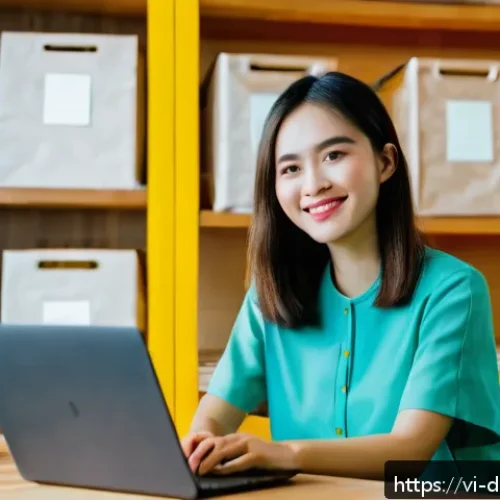Home 17 온라인에서 수익 창출하는 방법 - A vibrant Vietnamese home-based e-commerce seller’s workspace featuring a young woman in casual mode...
