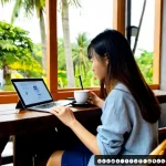 Home 23 디지털 노마드를 위한 크리에이티브 작업 환경 - Photorealistic creative workspace for a digital nomad in a sunlit riverside café in Da Nang, Vietnam...