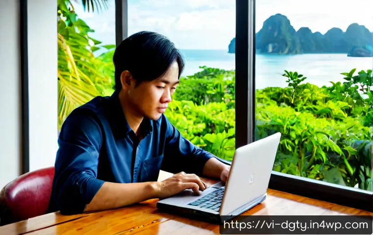 Home 17 디지털 노마드의 직업적 성장 기회 - Photorealistic lifestyle scene of a Vietnamese digital nomad in their early 30s working at a sunlit ...